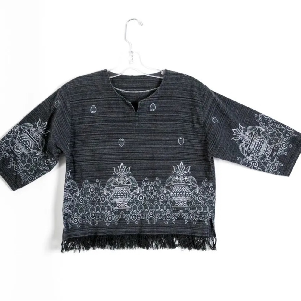 Gray ethnic bird print women's summer crop top boho half sleeve fringe cotton S